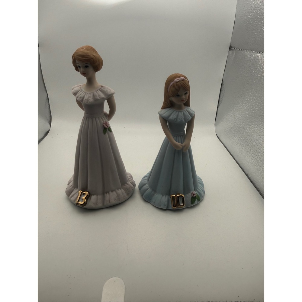 Enesco Growing Up Birthday Girls Figurines Lot Age 10 and 13 Porcelain Bisque